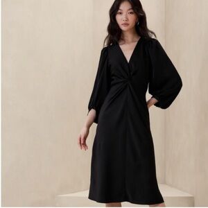 NWT Banana Republic | Women’s Black Tist Knot Vneck Puffer Sleeve Midi Dress, 12